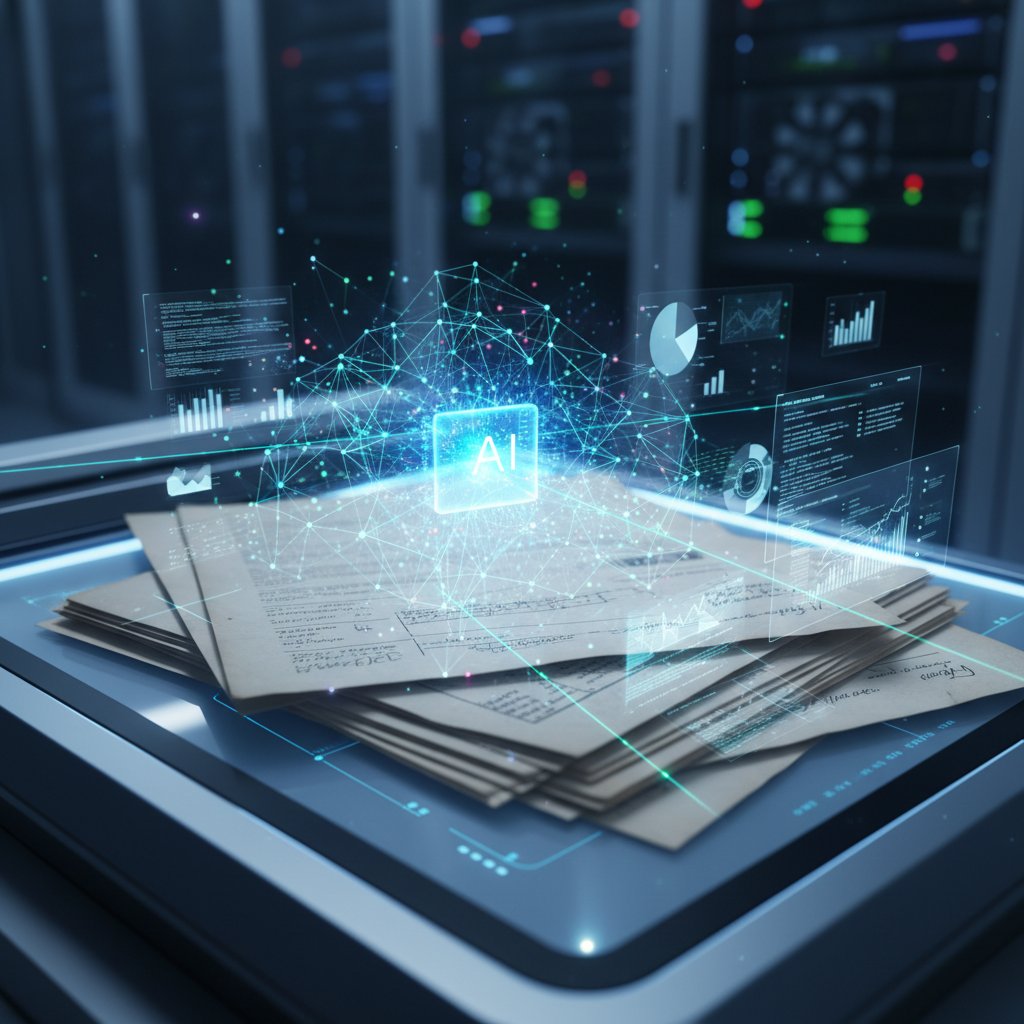 AI algorithm processing paper into digital data, illustrating innovations in document digitization.