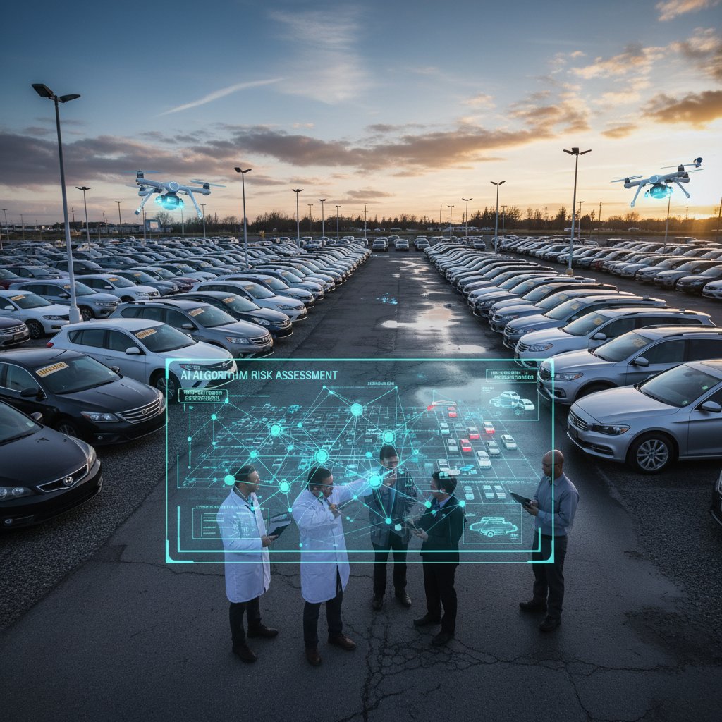 AI-powered risk assessment on wholesale car lot, with data overlay and highlighted vehicles
