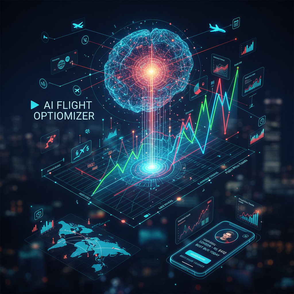 AI algorithms mapping flight price trends: futuristic code morphs into flight paths on a digital map, airfare analytics tools