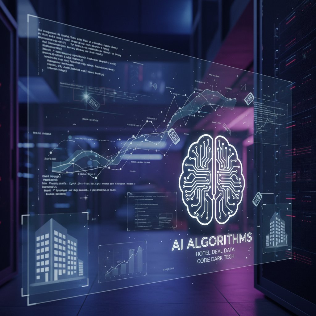 Abstract visualization of hotel deal algorithms crunching booking data, moody tech-inspired photo