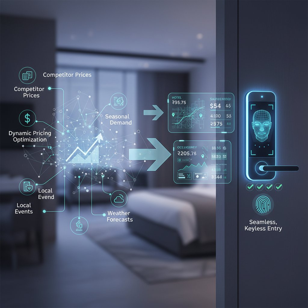 Abstract digital locks and floating hotel icons, symbolizing AI algorithms controlling hotel prices