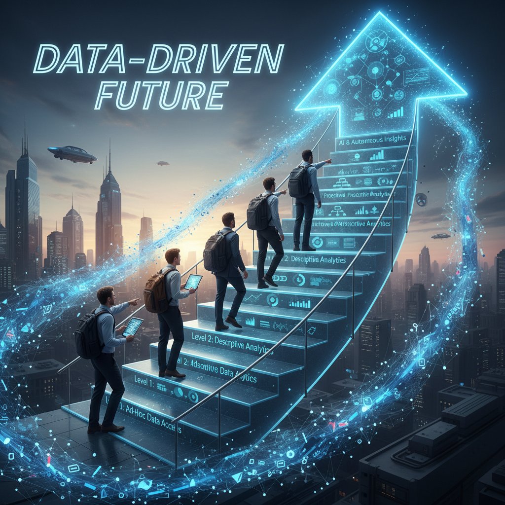 Team climbing digital staircase representing analytics maturity model
