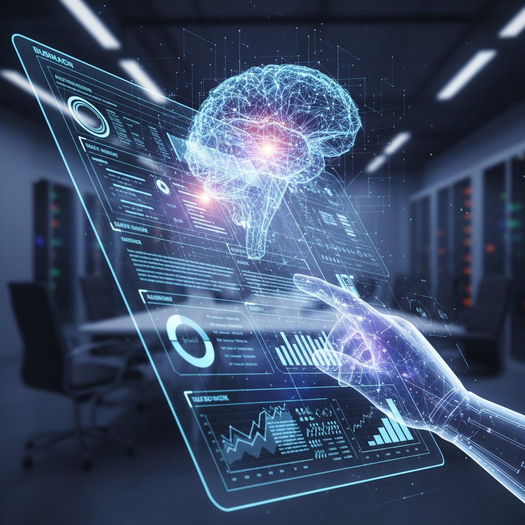 AI analyzing business document in detailed layers, digital layers pulled apart, editorial, 16:9