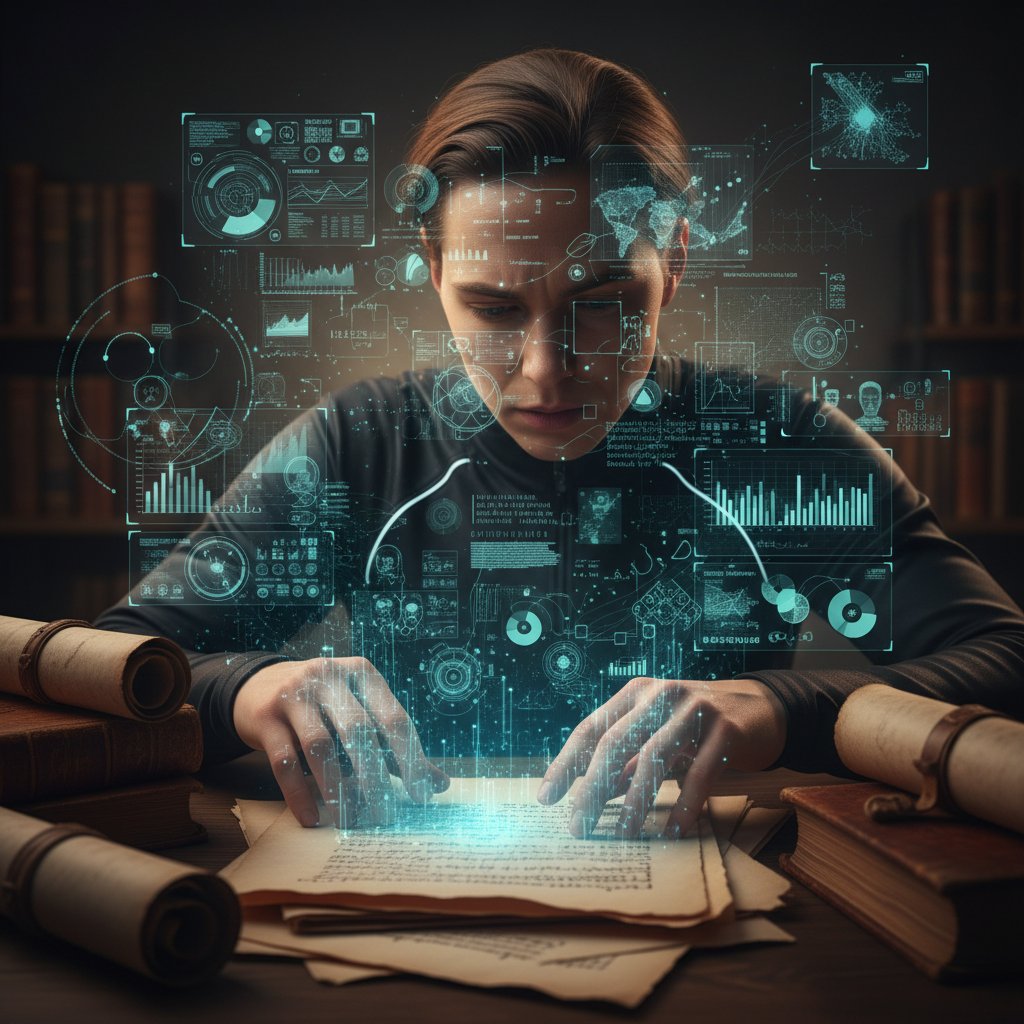 Futuristic AI analyzing stacks of documents with glowing data overlays, illustrating LLM-powered document analysis