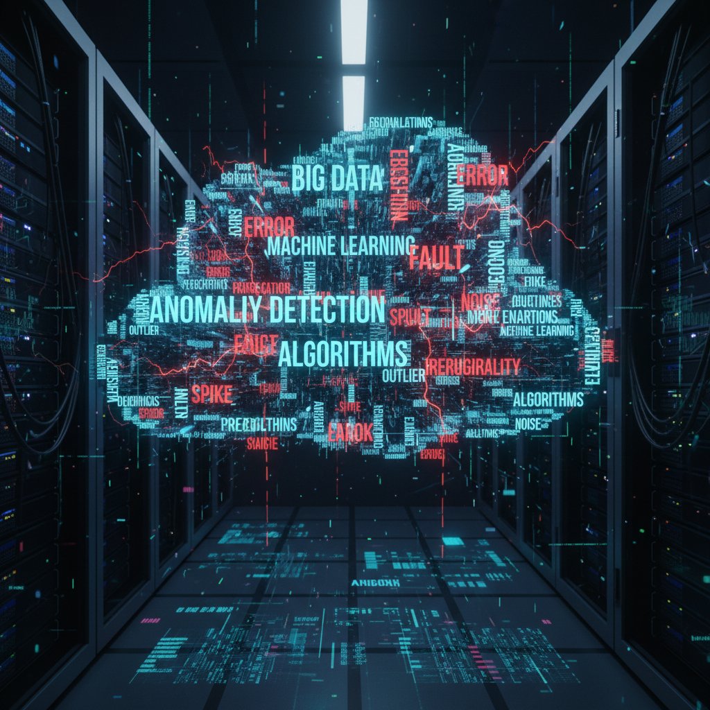 AI assistant performing keyword research with visible data anomalies. An AI assistant confidently analyzing keyword clouds, but with shadowy glitches in the data stream.