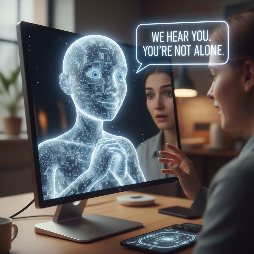 AI avatar wyświetla na ekranie komputerowym tekst z empatycznym komunikatem, klient uśmiecha się z zaskoczeniem