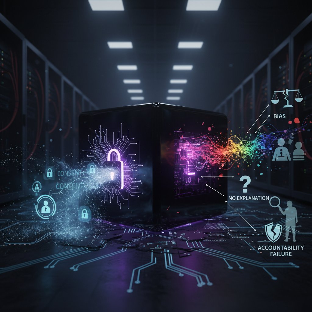 A mysterious AI box with customer silhouettes around it, symbolizing privacy and AI ethics risks in automated support