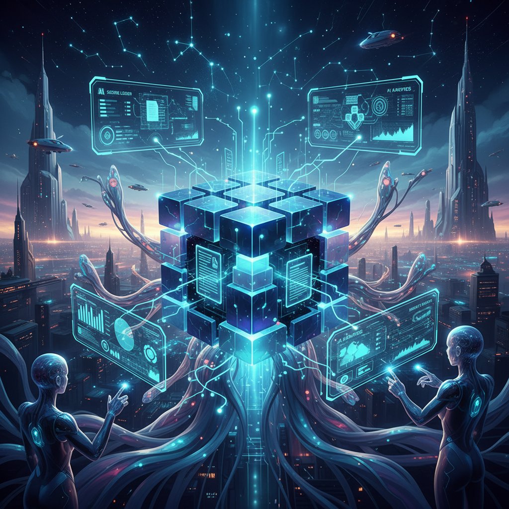 Conceptual image of AI and blockchain technology merging in document management; futuristic art