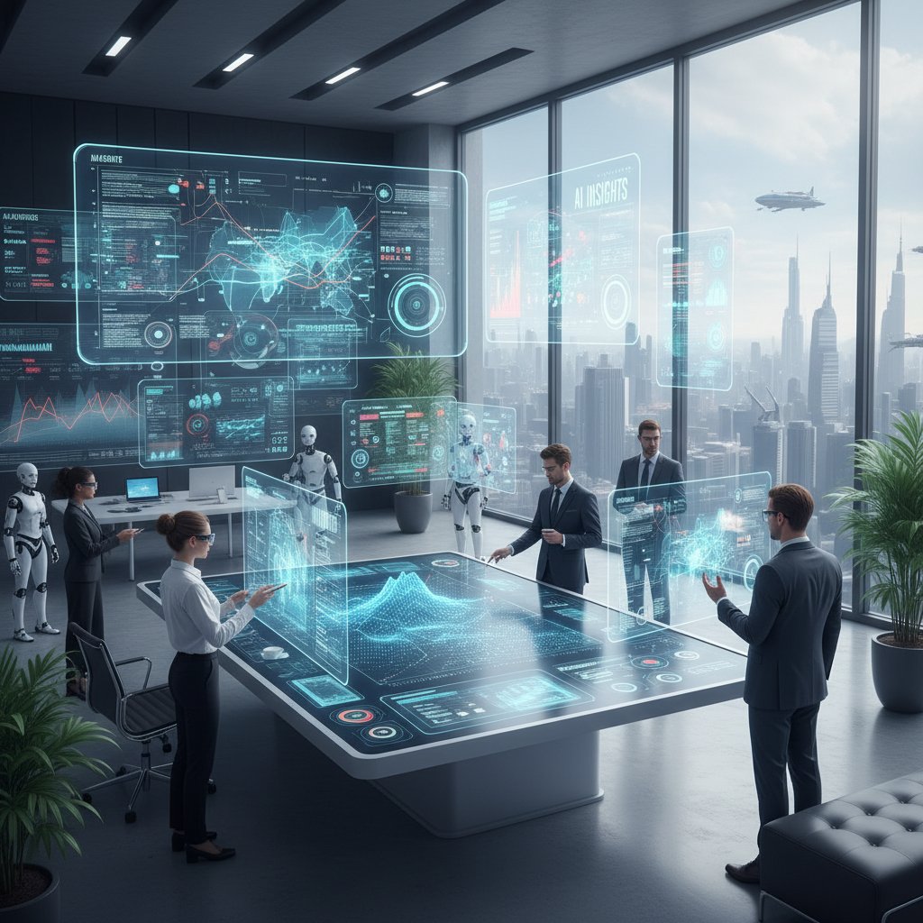 Zespół korzystający z technologii AI, analiza danych na monitorach, nowoczesne biuro
