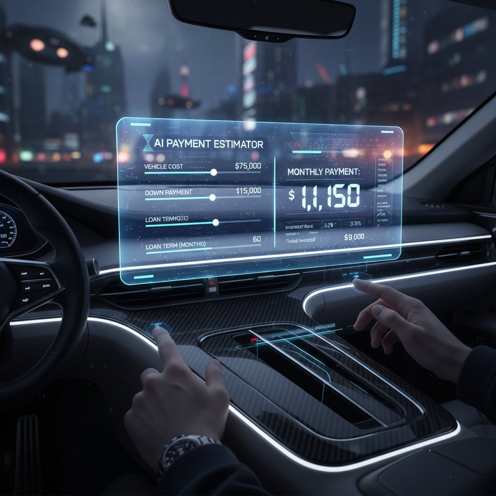 AI car payment calculator with virtual interface, futuristic dashboard, data overlays, and holographic display.