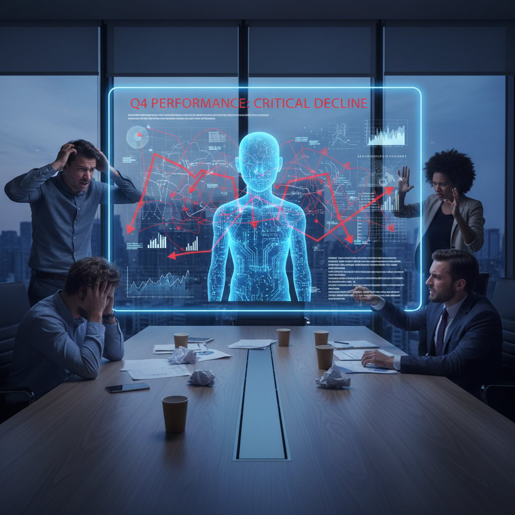 Frustrated team looking at flashy chatbot analytics dashboard, reflecting the illusion of insight