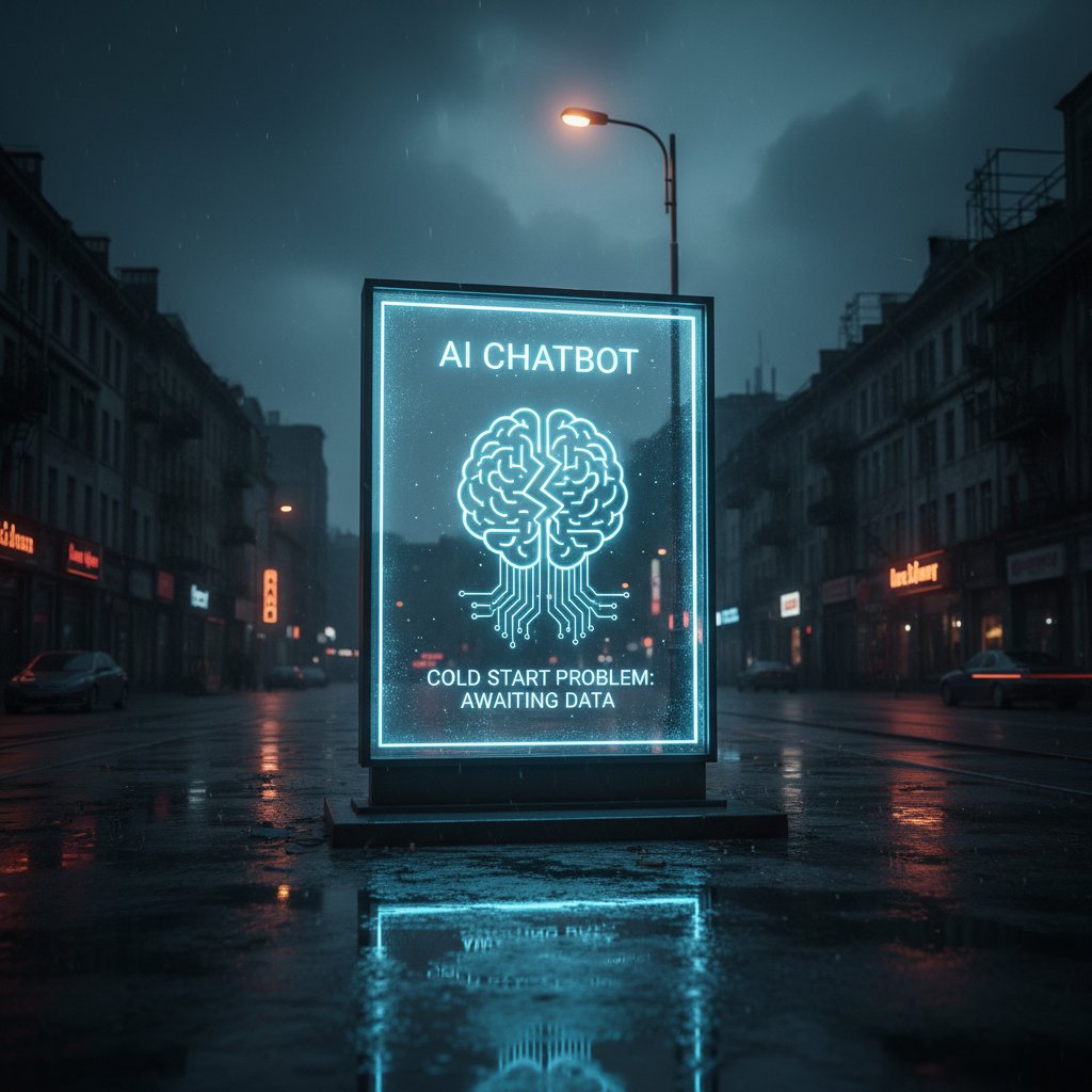 AI chatbot facing the cold start problem, urban environment, blank user profile, digital neon light