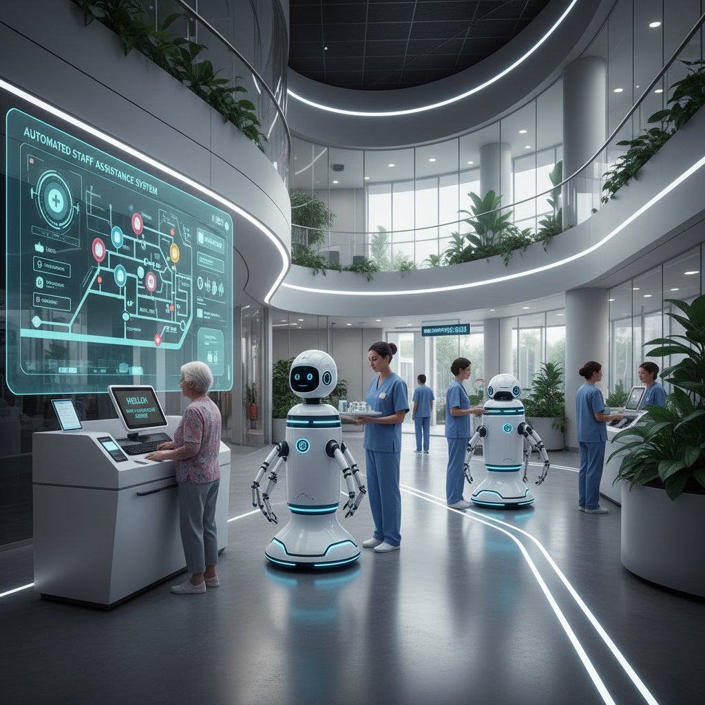 AI chatbot in hospital lobby assisting staff and patients