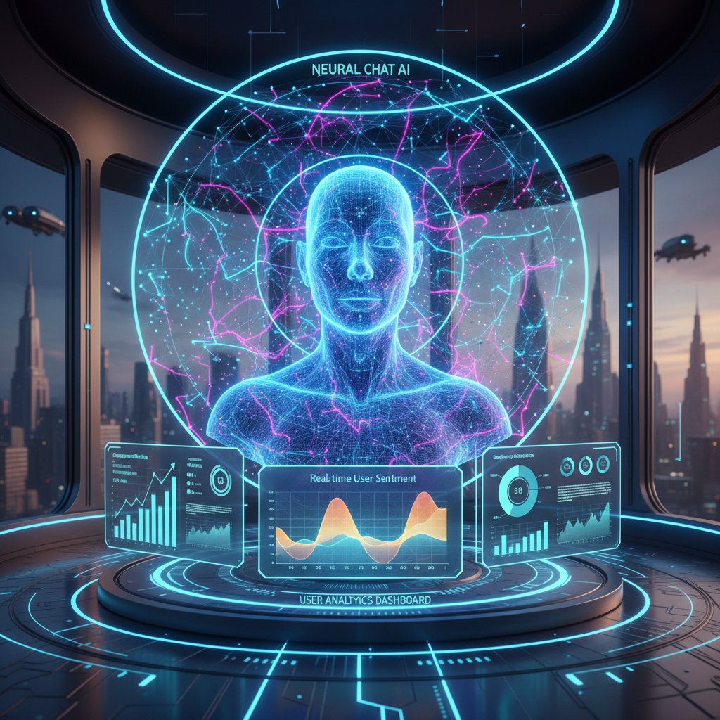 Futuristic neural network over chat bubbles, symbolizing AI user analytics