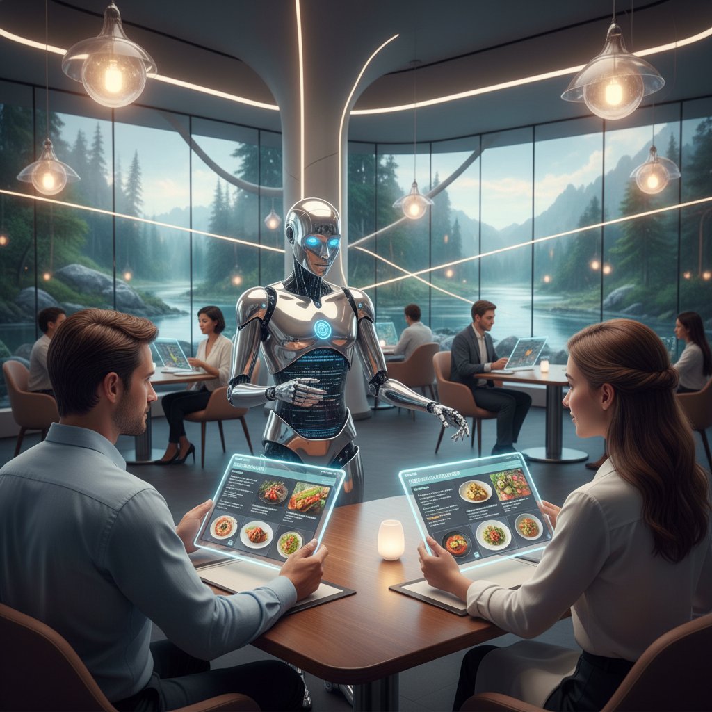 Photo of AI chatbot tablet suggesting personalized menu items to a diverse group of restaurant guests
