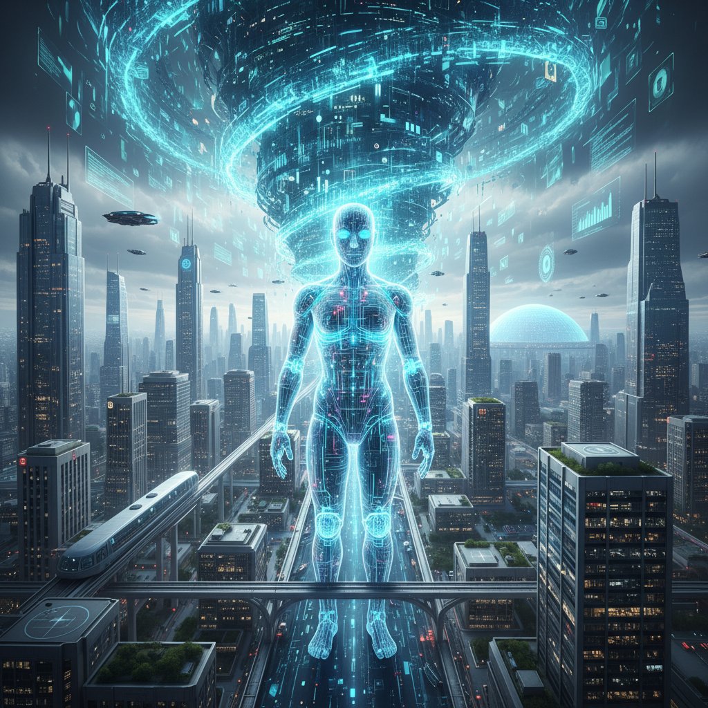 Visionary AI chatbot avatar surrounded by swirling data in a cityscape, representing the future of analytics