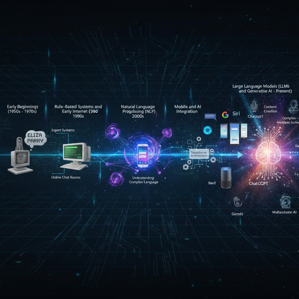 Futuristic photo showing digital chatbots morphing over a decade, AI chatbot evolution timeline