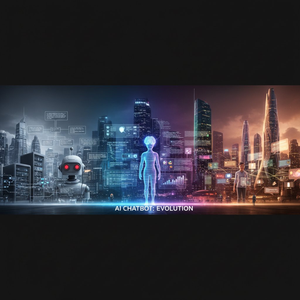 Timeline showing the evolution of AI chatbots with expressive faces in different eras, neon-lit urban backdrop
