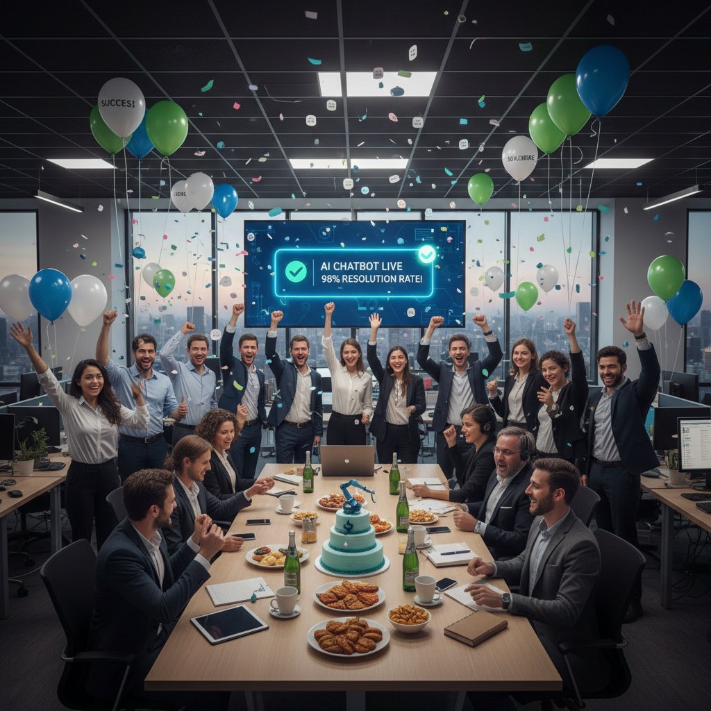 Team celebrating after instant AI chatbot deployment boosts efficiency