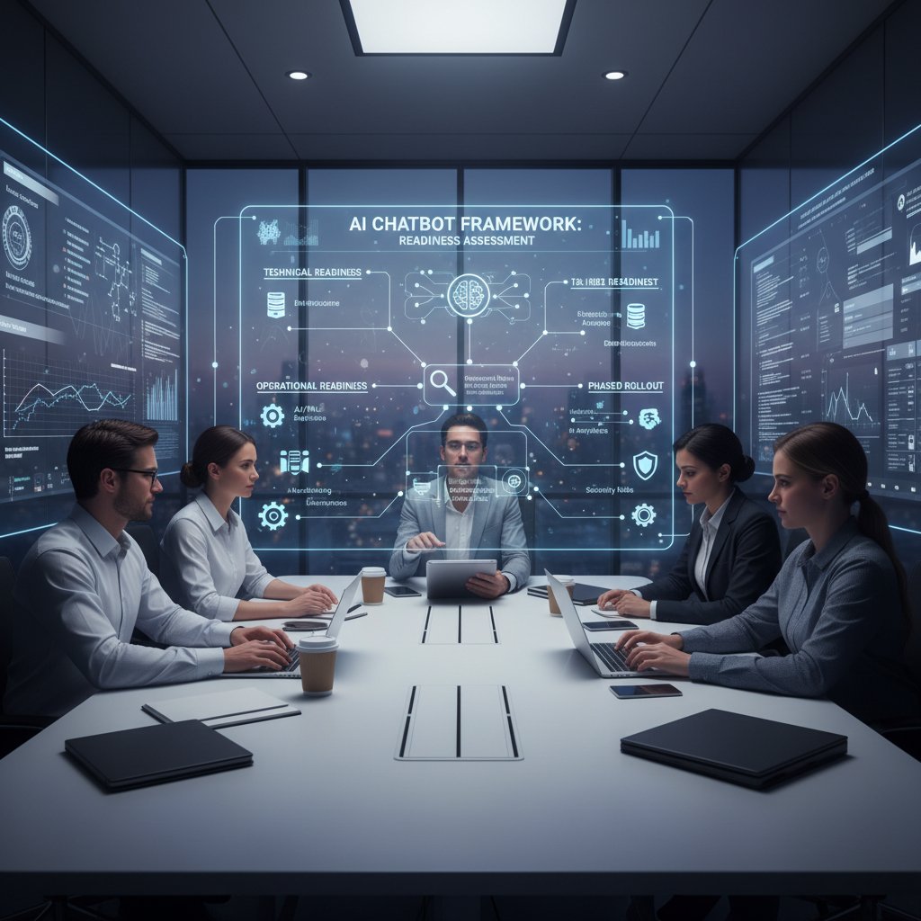 Tech team conducting AI chatbot framework readiness assessment in boardroom