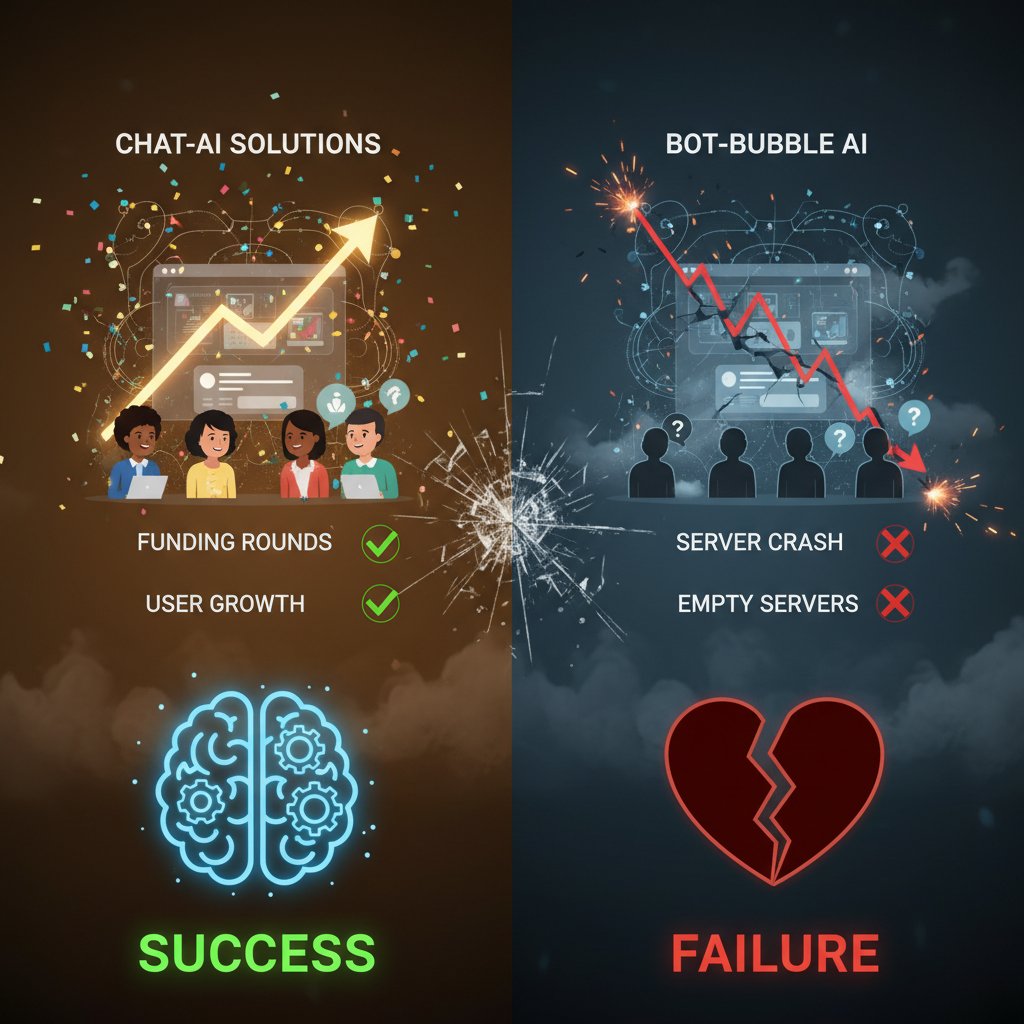 Startup team celebrating AI chatbot launch; second image shows stressed developers during failed deployment.