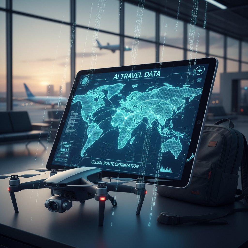 Close-up of code and travel data streams blending into a digital map, visual of AI analyzing travel data in real time