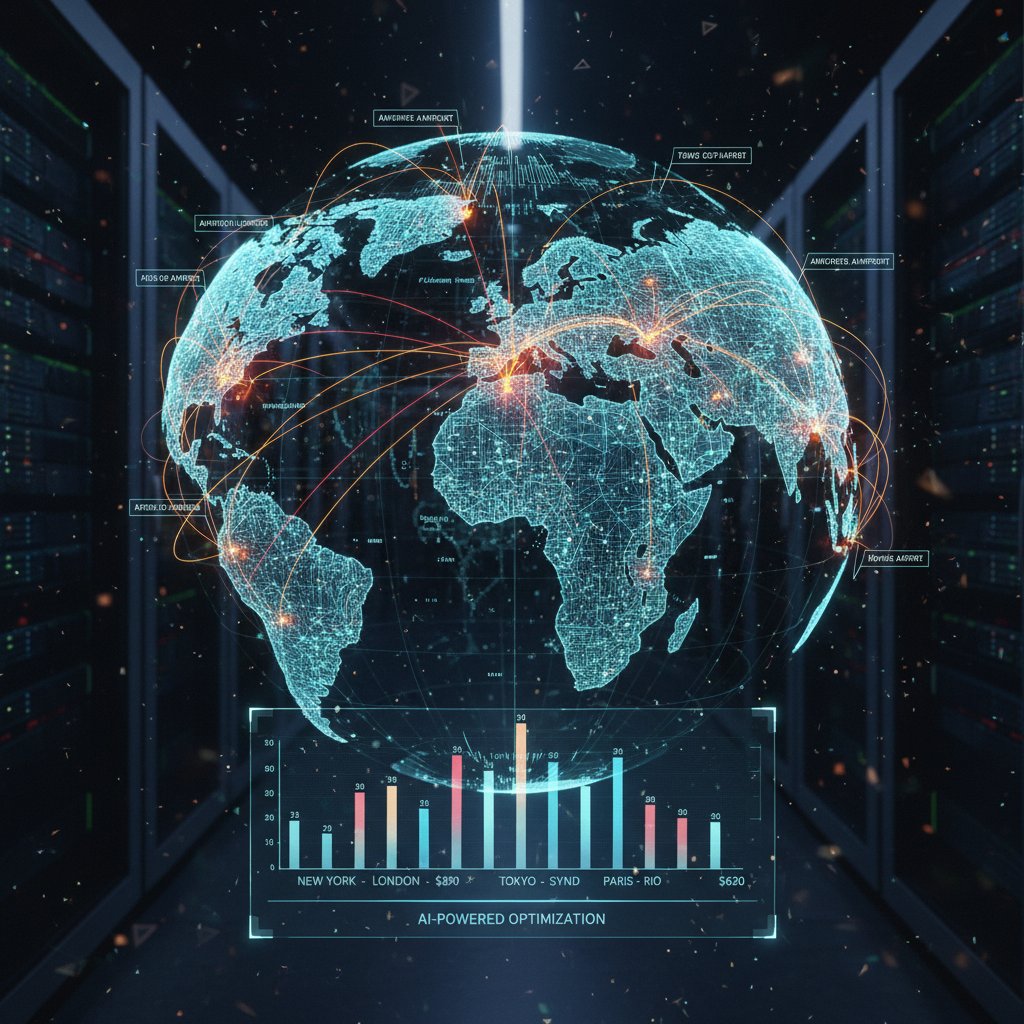 Editorial photo of AI code overlaying world map with flight routes, representing advanced airfare comparison
