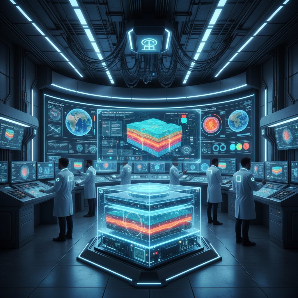 Nowoczesny komputer AI analizujący dane geologiczne, laboratorium cyfrowe