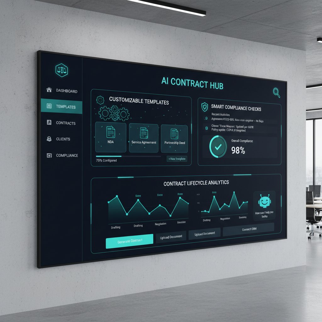 Modern AI contract tool dashboard, highlighting customizable templates and compliance