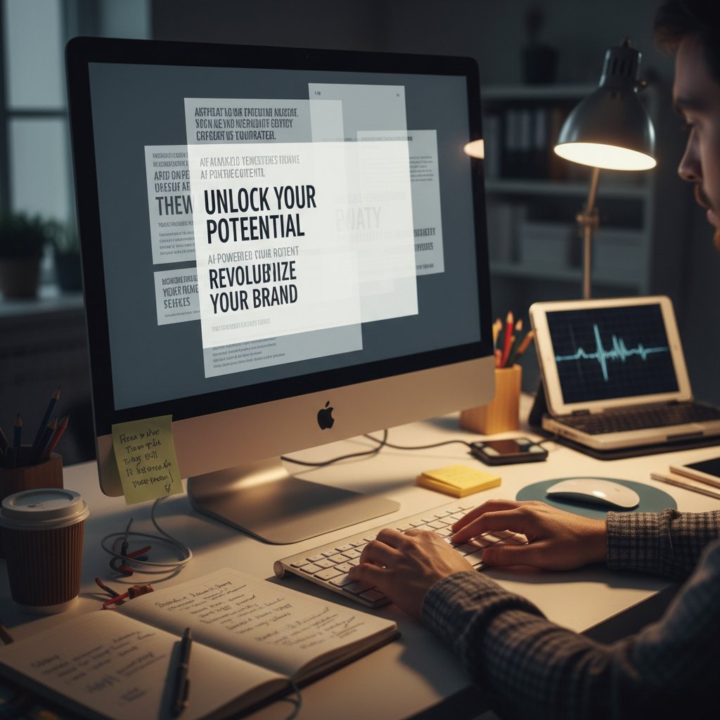 Zbliżenie na monitor z wygenerowanym przez AI tekstem podczas pracy copywritera