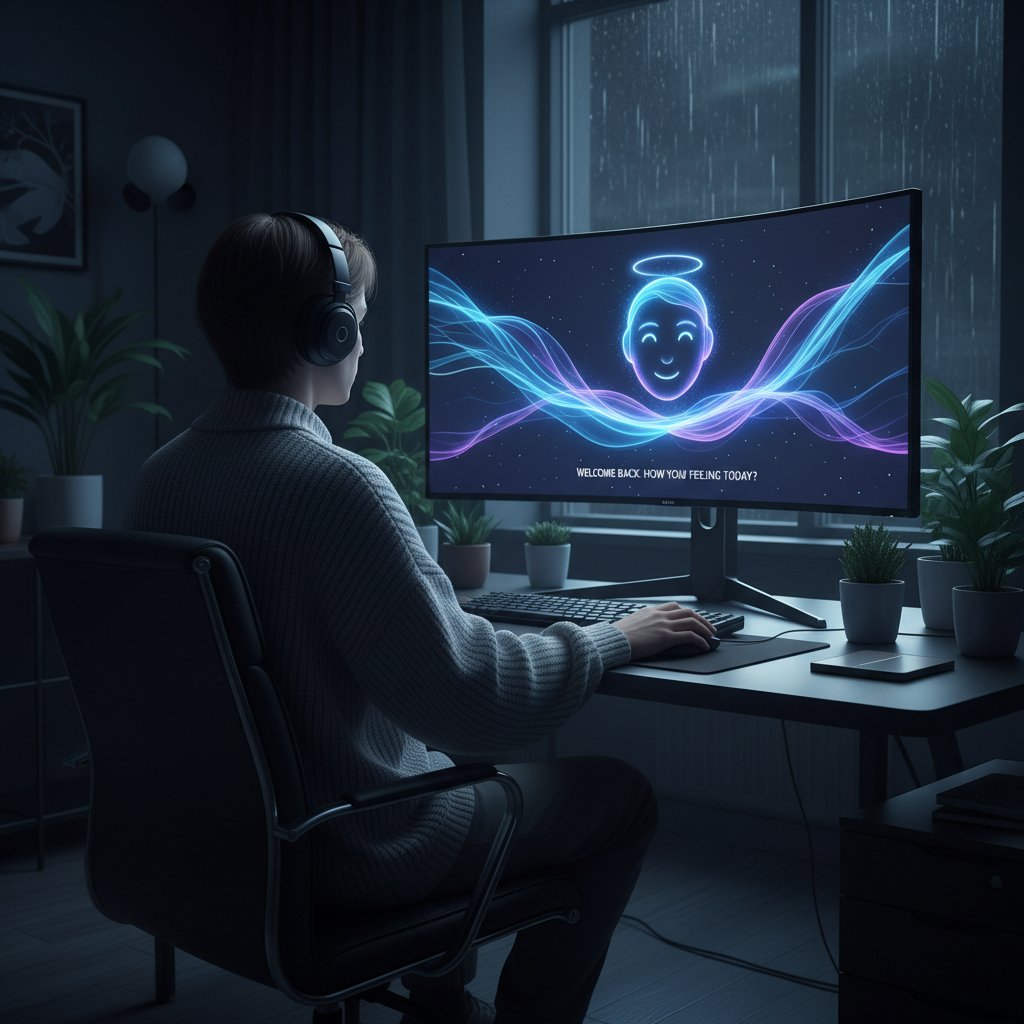 AI avatar on computer screen, digital counseling session, moody lighting, exploring virtual relationship coaching