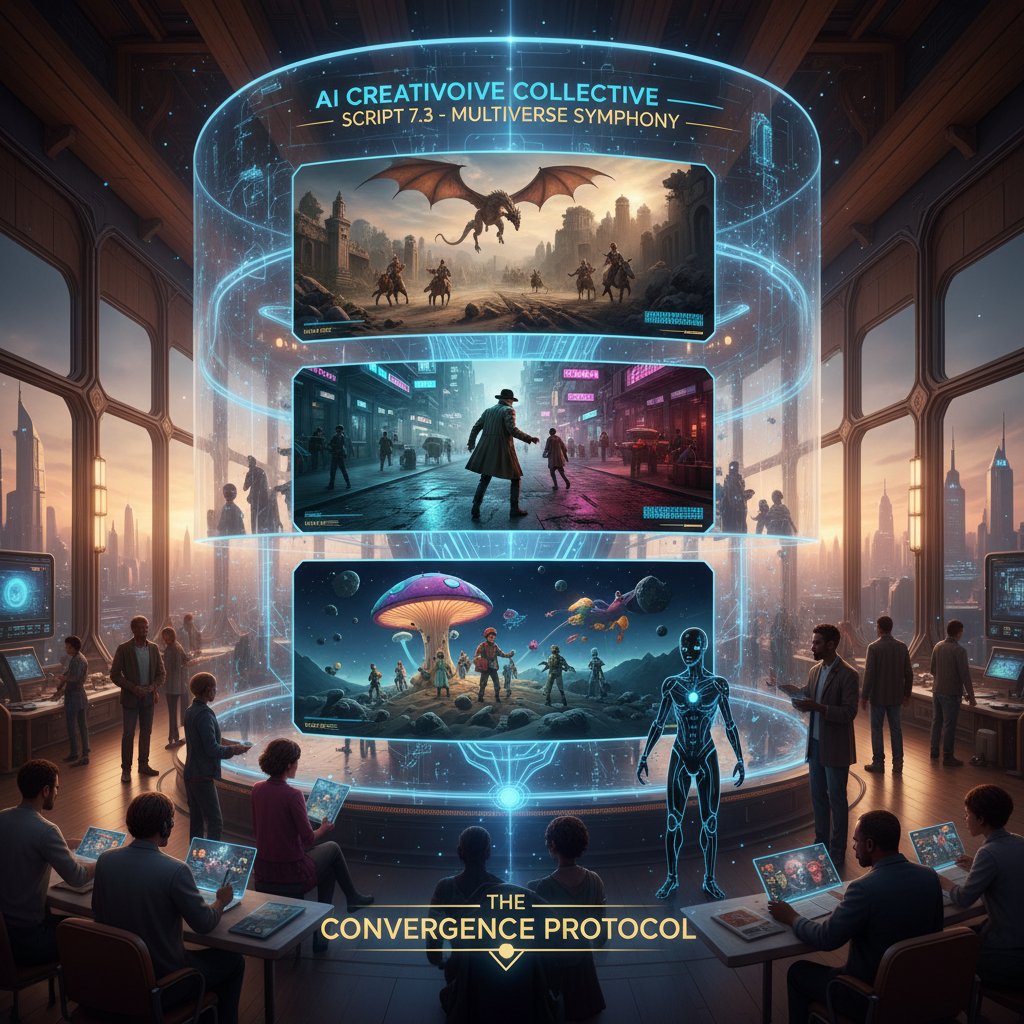 AI creative team working on movie script, multiple storyline branches, sci-fi vibe