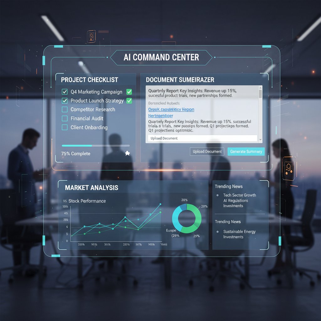 Photo: Stylized checklist projected onto AI dashboard, must-have features for document summarizer