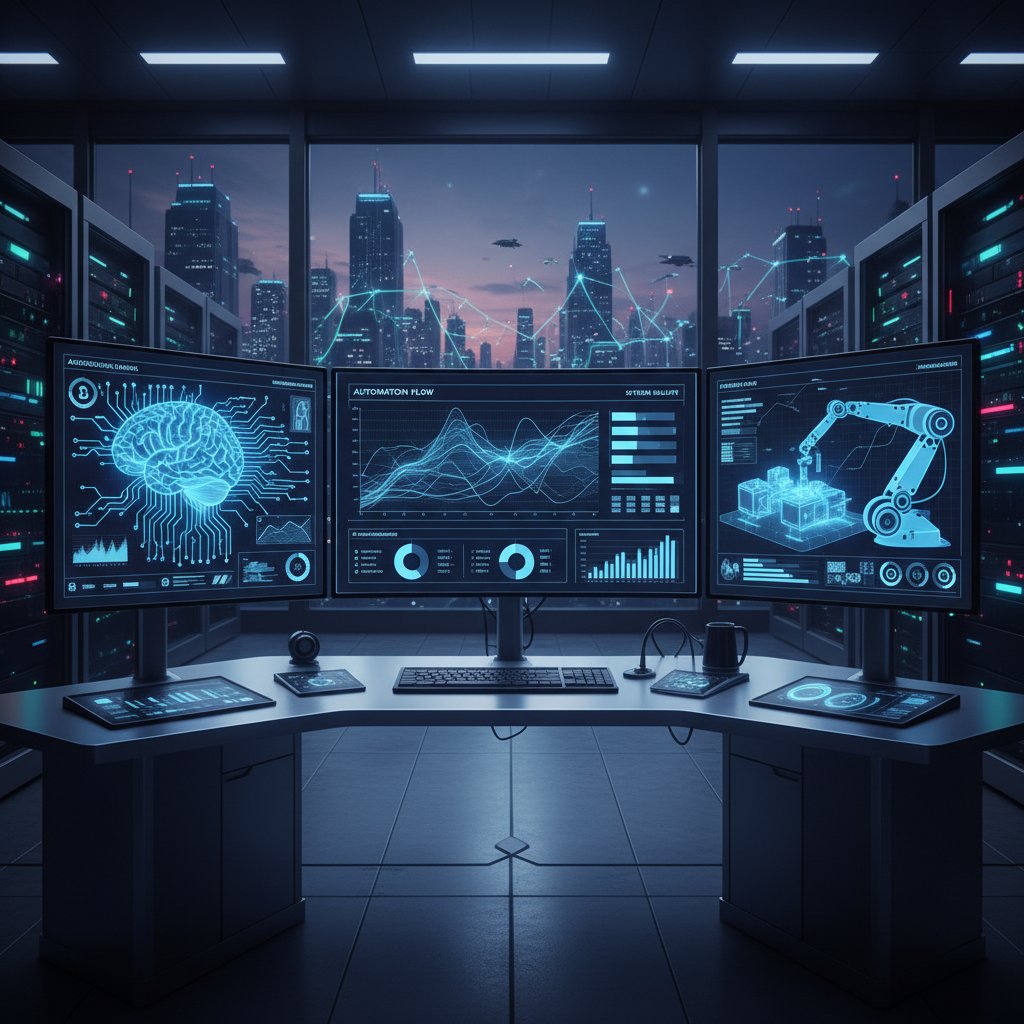 Nowoczesny dashboard z funkcjami AI, ekran komputera z analizą danych, słowa kluczowe: funkcje AI, dashboard automatyzacji