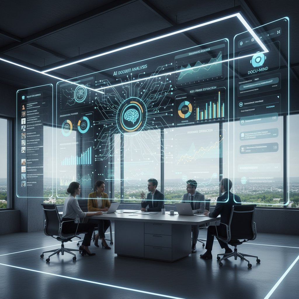Professional workspace with advanced AI dashboard, displaying document analysis