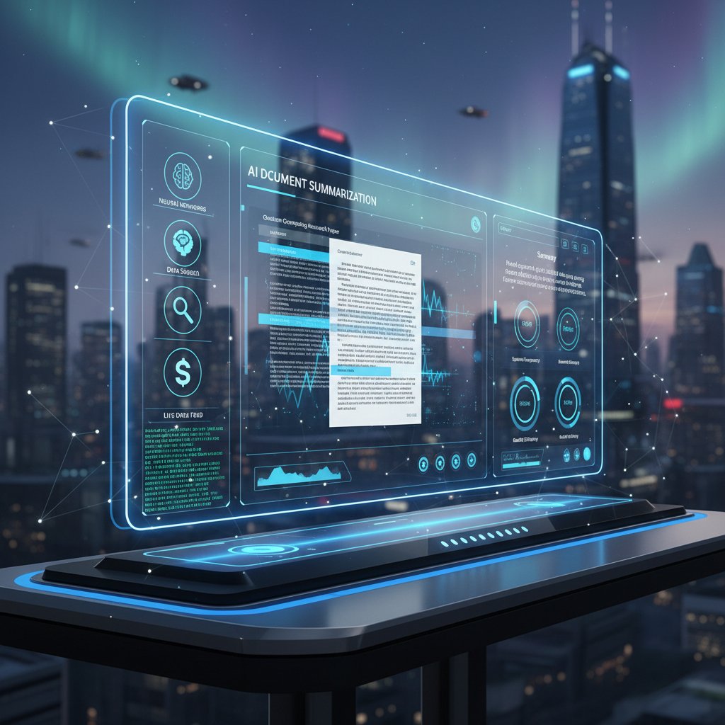 AI-powered dashboard for document summarization, futuristic interface displaying document analytics.