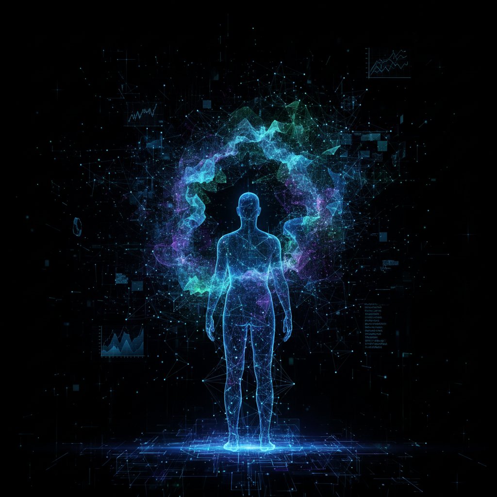 AI data transforming into a human form, visualized as abstract data streams weaving into a glowing human silhouette in the dark