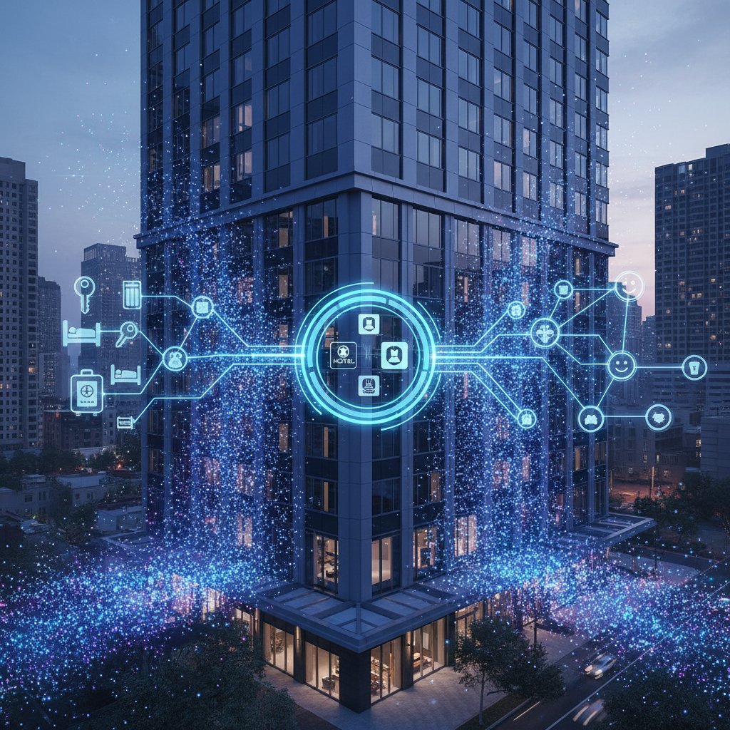 Data streams connecting hotels and users, illustrating AI-driven hotel matching and fast deals