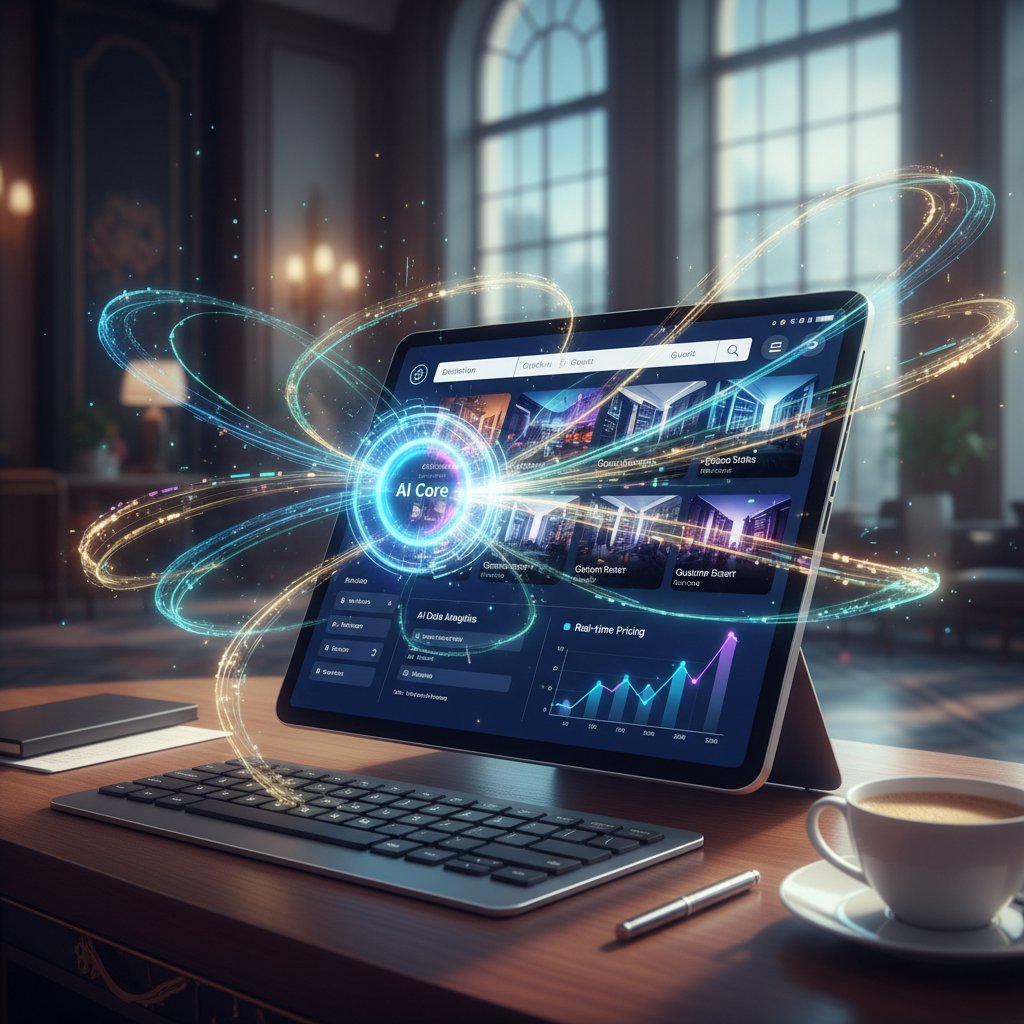Data streams power hotel booking engines, abstract digital visualization, AI and human influences