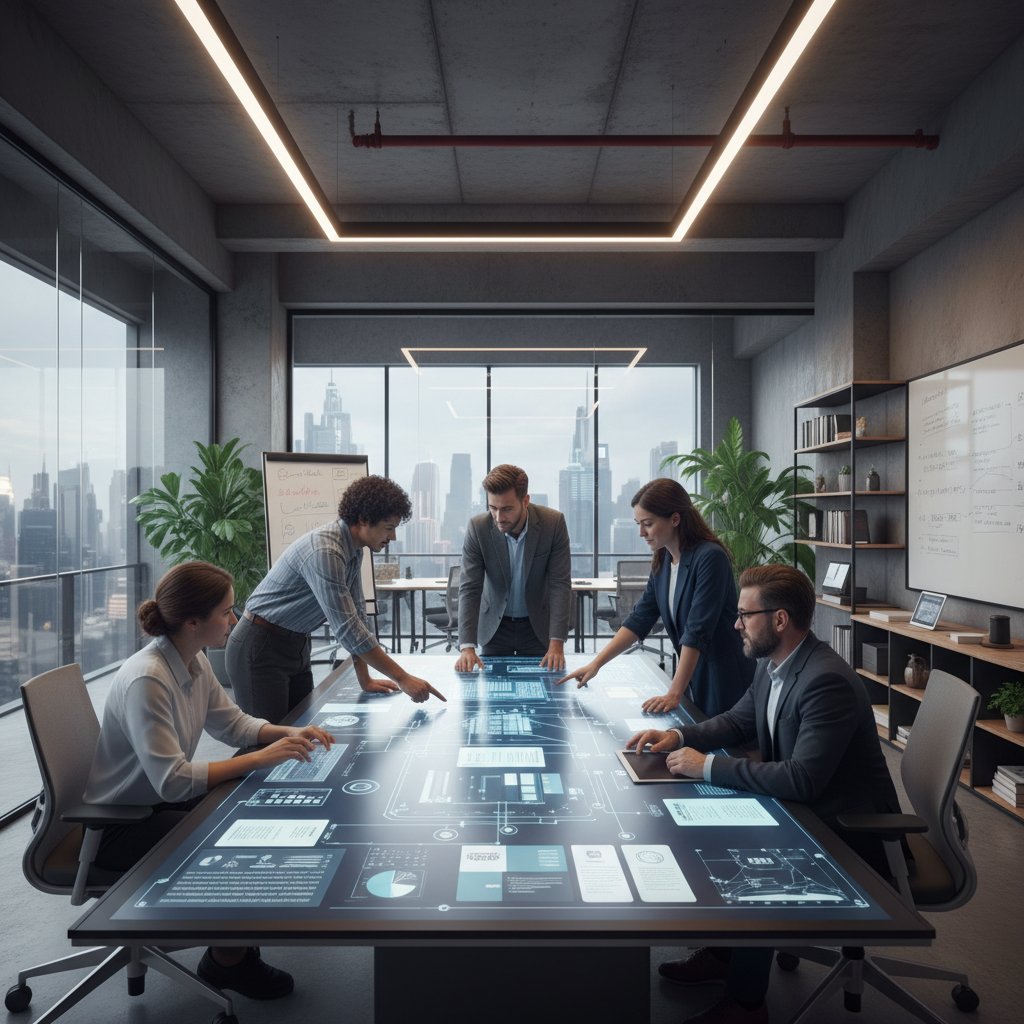 Team of analysts collaborating on AI-powered document analysis in a modern office