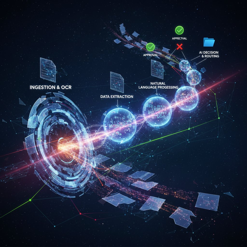 Visual metaphor of AI document processing pipeline, high-speed transit, abstract, 16:9
