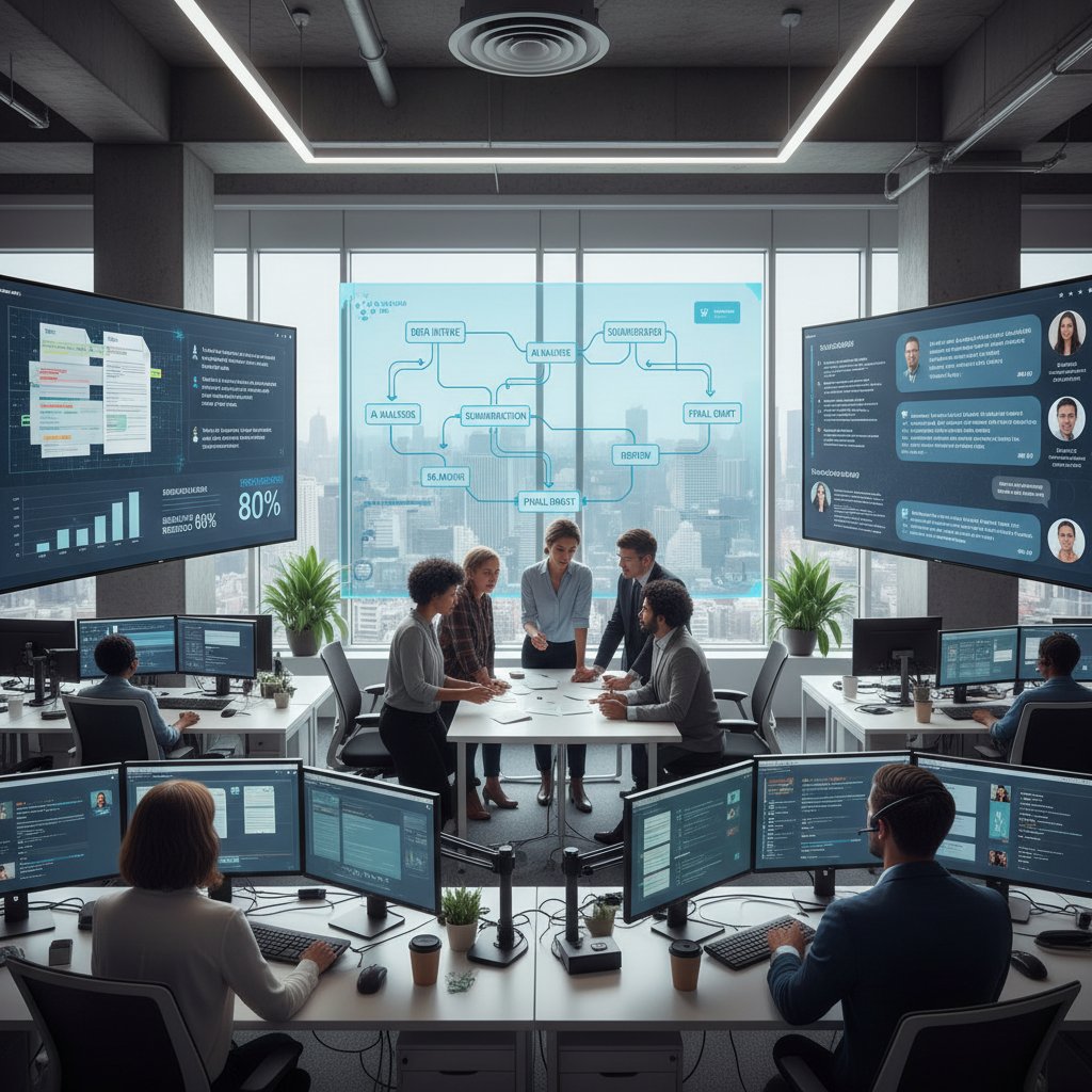 AI document summarization workflow diagram—photo of team collaborating with digital screens, conceptually staged
