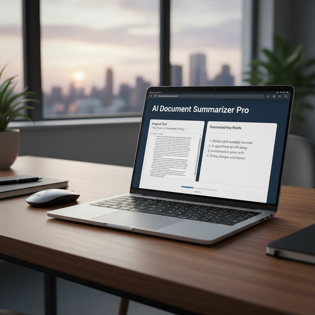 Modern professional using AI document summarizer on a laptop, digital data streams illustrating neural net processing