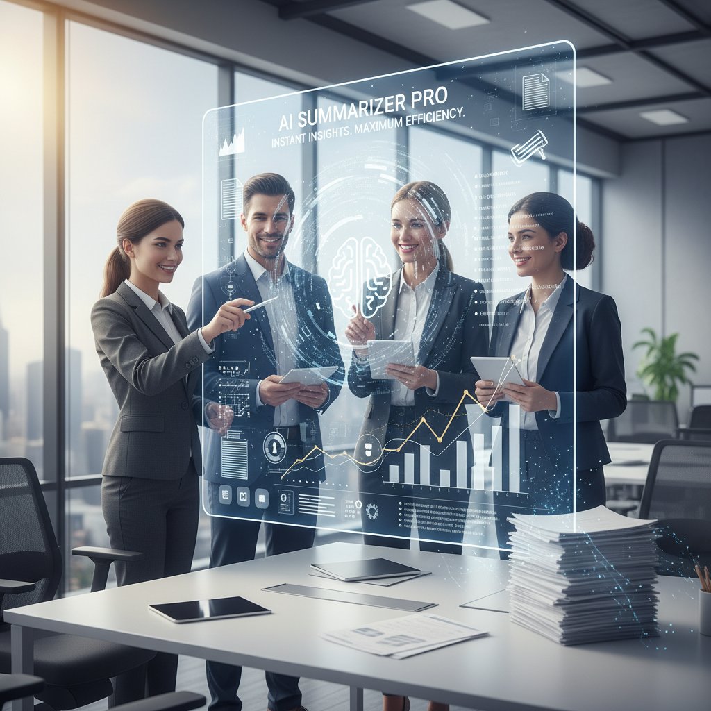 Successful team collaborating with AI document summarizer, celebrating improved efficiency at the office