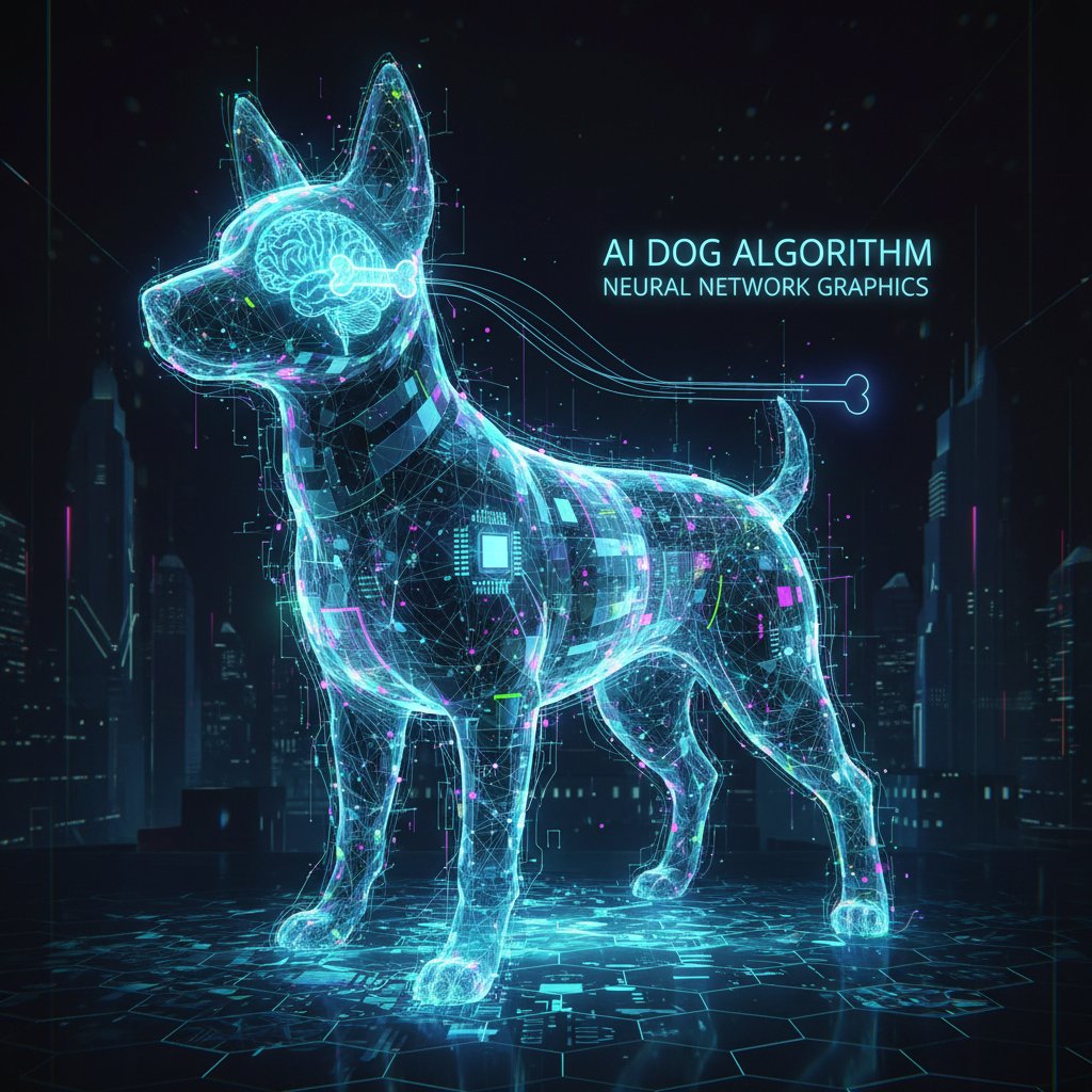 Schemat działania emocji sztucznego pieska AI, neural network graphics, dog avatar