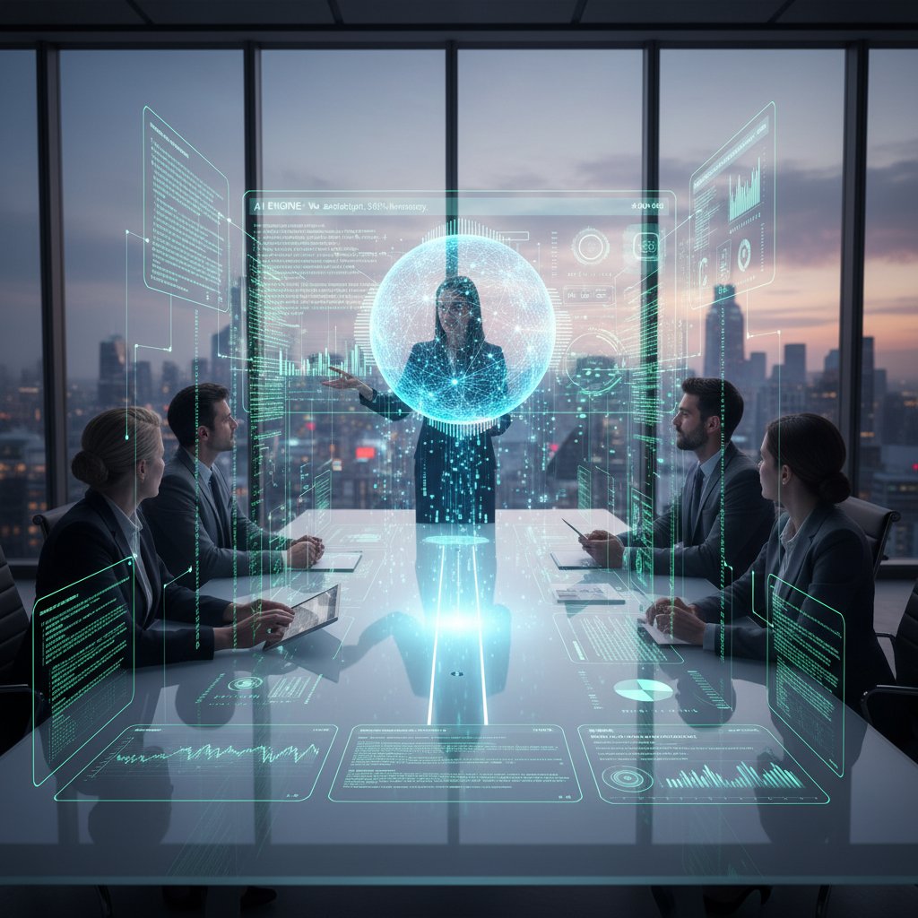 Close-up of AI engine interface on laptop during business meeting, code overlays, speech recognition visualized, team discussing insights