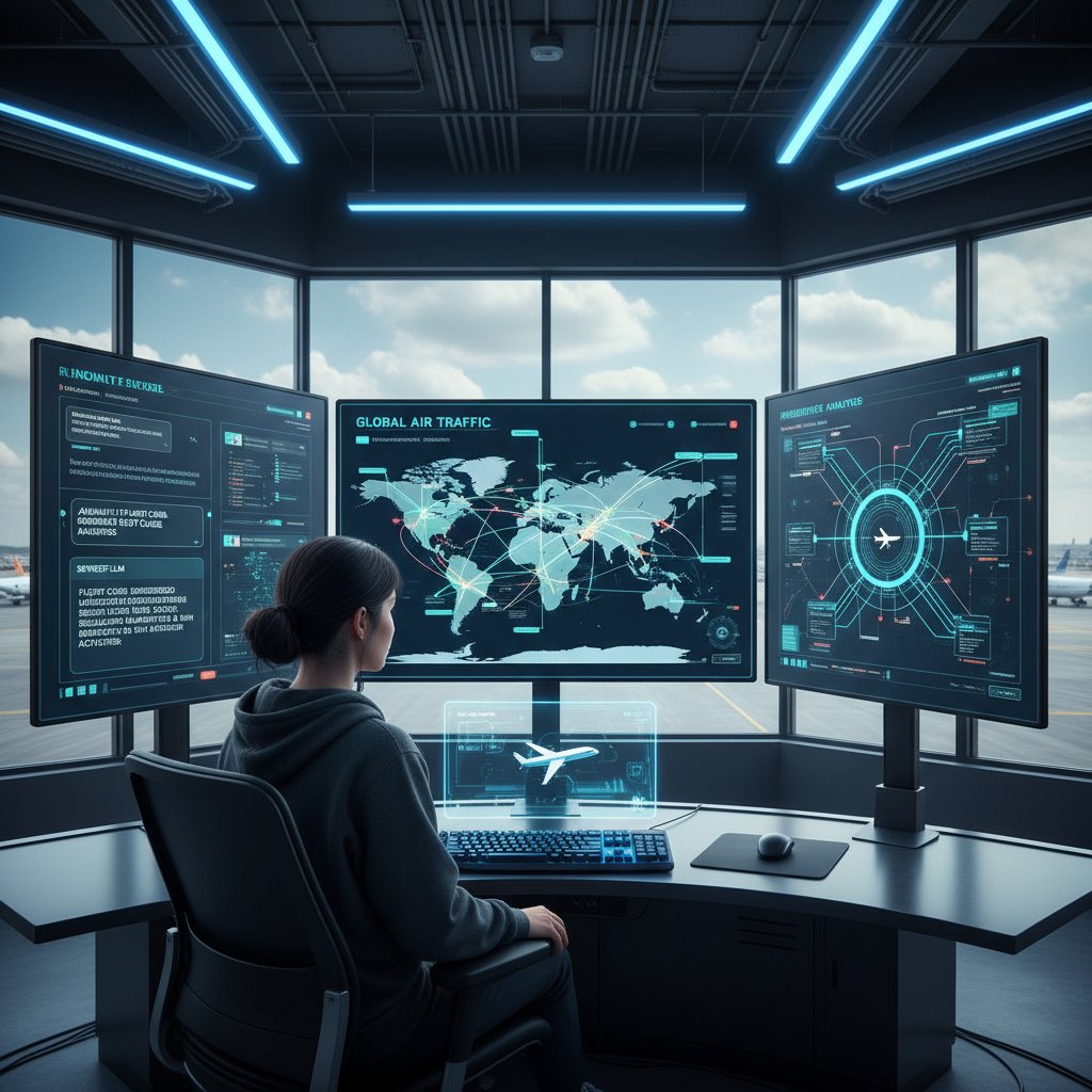 AI engineer monitoring flight analytics using advanced LLM-powered interfaces