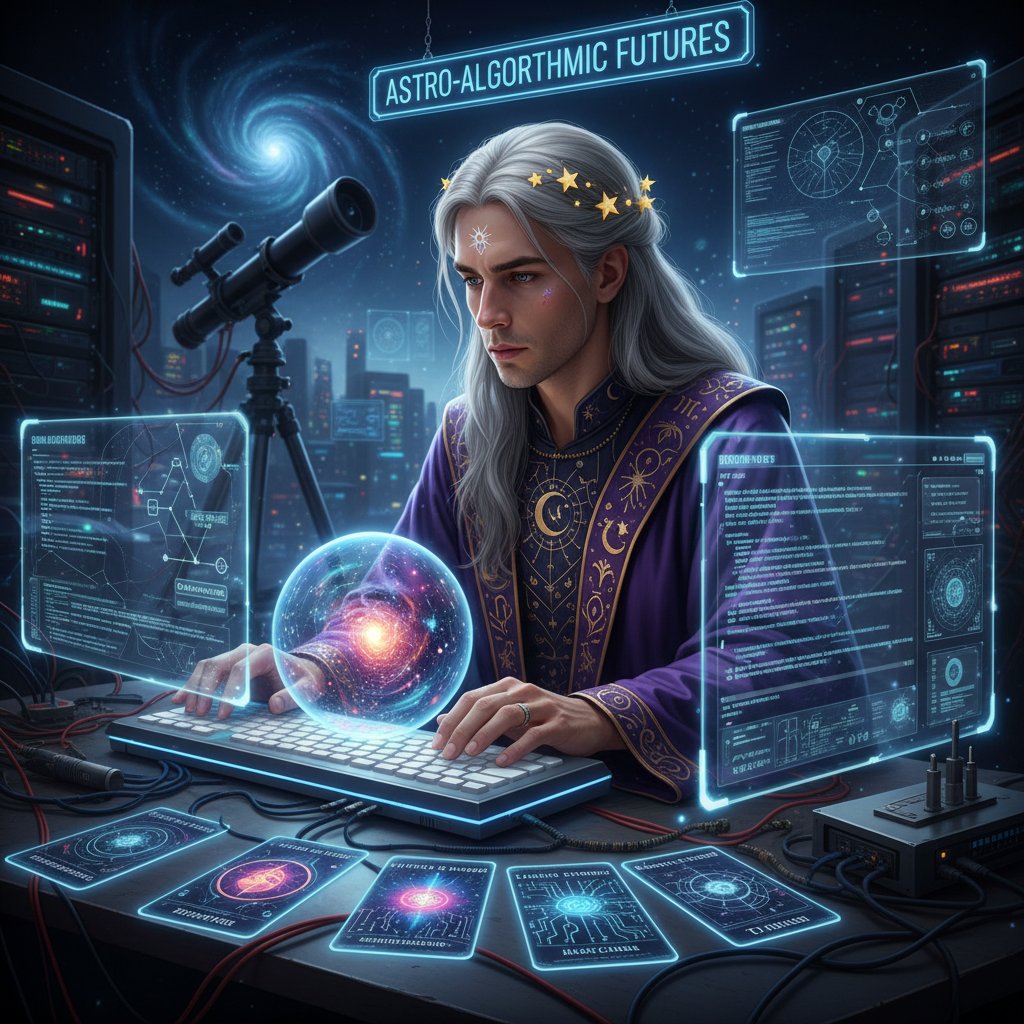 Inżynier AI programuje cyfrową wróżkę, ekran z kodem i motywami astrologicznymi