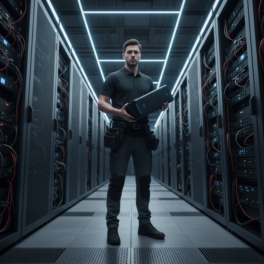 AI engineer examining server racks and data nodes inside a modern data center, visualizing the “black box” of AI document summarization