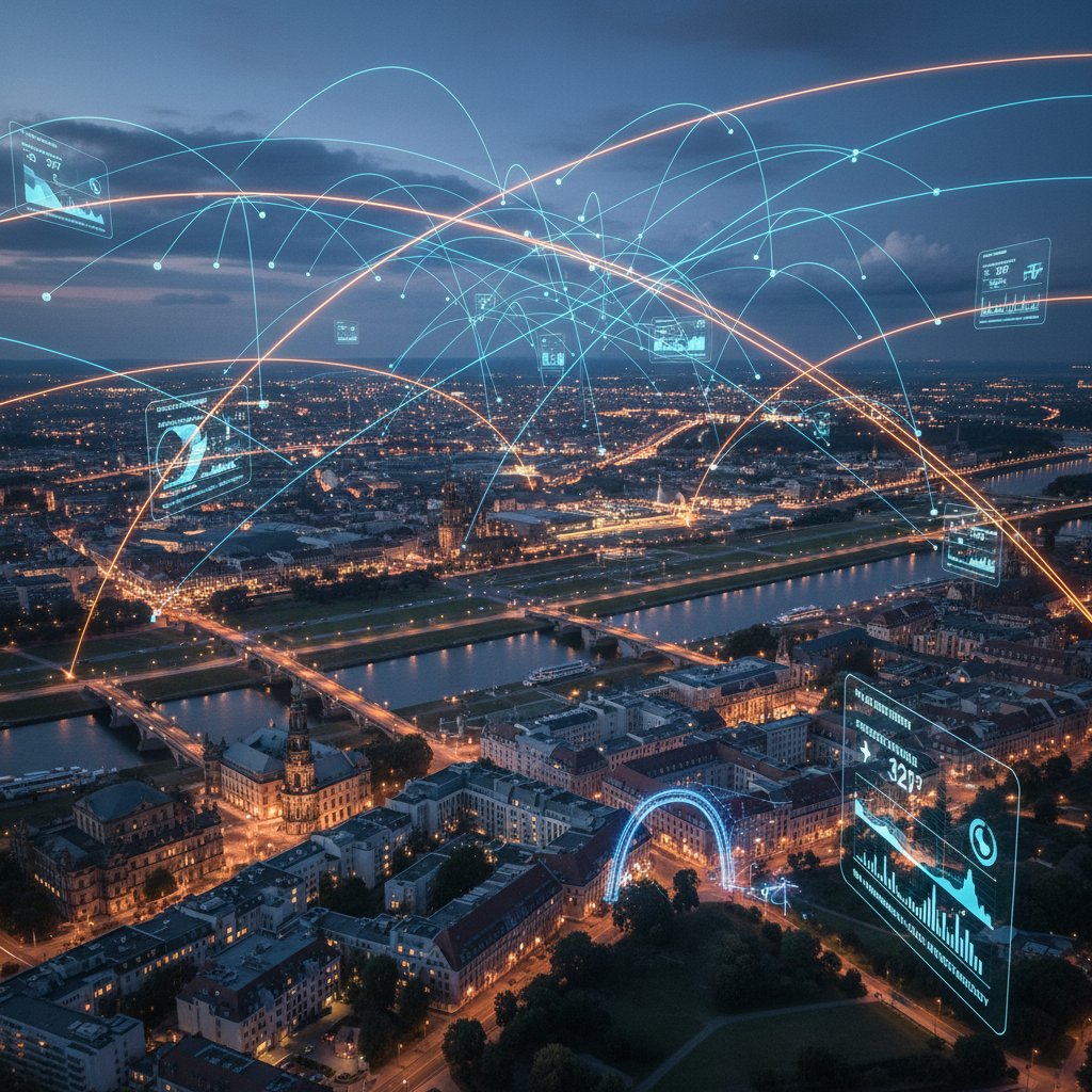 Predictive AI flight data visualization for Dresden, colorful data patterns overlay